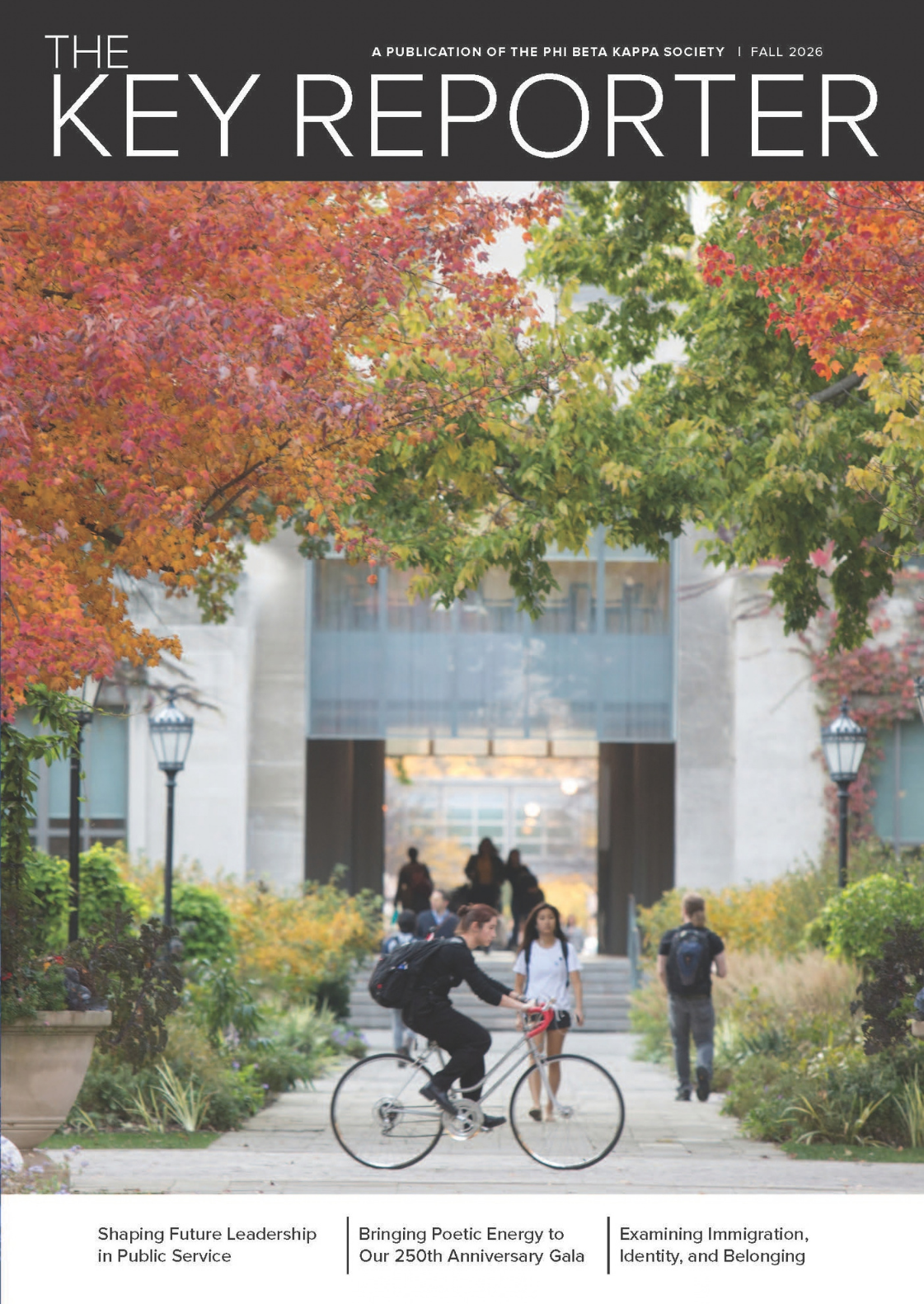 Woman biking with large trees in the background.